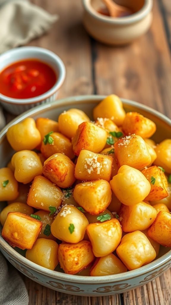 Crispy air fryer gnocchi garnished with Parmesan and herbs, served with marinara sauce.